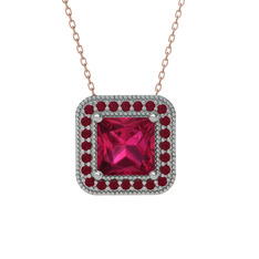 Esinti Kare Kolye - Rodolit garnet ve kök yakut 8 ayar beyaz altın kolye (40 cm rose altın rolo zincir) #1q98vy0