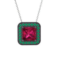 Esinti Kare Kolye - Rodolit garnet ve kök zümrüt 925 ayar siyah rodyum kaplama gümüş kolye (40 cm beyaz altın rolo zincir) #1q9m2he