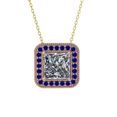 Esinti Kare Kolye - Beyaz zirkon ve lab safir 14 ayar rose altın kolye (40 cm altın rolo zincir) #1qa7us1
