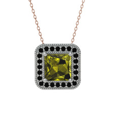 Esinti Kare Kolye - Peridot ve siyah zirkon 8 ayar beyaz altın kolye (40 cm rose altın rolo zincir) #1qtptez