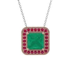 Esinti Kare Kolye - Kök zümrüt ve rodolit garnet 14 ayar rose altın kolye (40 cm beyaz altın rolo zincir) #1qxc6l4