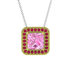 Esinti Kare Kolye - Pembe kuvars ve rodolit garnet 14 ayar altın kolye (40 cm beyaz altın rolo zincir) #1qygec7