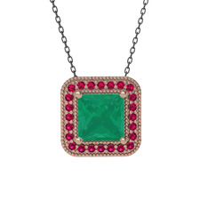 Esinti Kare Kolye - Kök zümrüt ve rodolit garnet 18 ayar rose altın kolye (40 cm gümüş rolo zincir) #1r36p6a