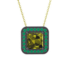 Esinti Kare Kolye - Peridot ve kök zümrüt 925 ayar siyah rodyum kaplama gümüş kolye (40 cm altın rolo zincir) #1rhati0