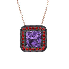 Esinti Kare Kolye - Ametist ve garnet 925 ayar siyah rodyum kaplama gümüş kolye (40 cm rose altın rolo zincir) #1rzeels