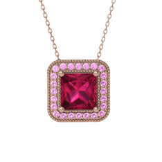 Esinti Kare Kolye - Rodolit garnet ve pembe kuvars 8 ayar rose altın kolye (40 cm gümüş rolo zincir) #1s2ict1