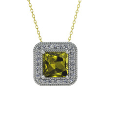 Esinti Kare Kolye - Peridot ve pırlanta 8 ayar beyaz altın kolye (0.264 karat, 40 cm gümüş rolo zincir) #1sa3mcu