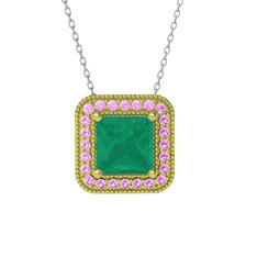 Esinti Kare Kolye - Kök zümrüt ve pembe kuvars 14 ayar altın kolye (40 cm gümüş rolo zincir) #1saietk