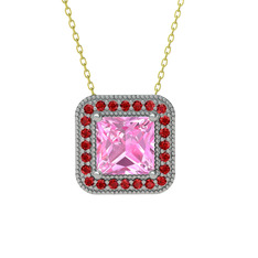 Esinti Kare Kolye - Pembe kuvars ve garnet 18 ayar beyaz altın kolye (40 cm altın rolo zincir) #1t9of20