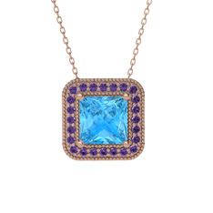 Esinti Kare Kolye - Akuamarin ve ametist 14 ayar rose altın kolye (40 cm rose altın rolo zincir) #1tefmac