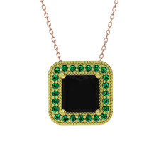 Siyah zirkon ve yeşil kuvars 18 ayar altın kolye (40 cm rose altın rolo zincir)