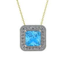 Esinti Kare Kolye - Akuamarin ve beyaz zirkon 925 ayar gümüş kolye (40 cm gümüş rolo zincir) #1uqa89g