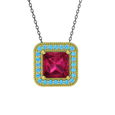 Esinti Kare Kolye - Rodolit garnet ve akuamarin 14 ayar altın kolye (40 cm gümüş rolo zincir) #1uwhllf