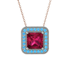 Rodolit garnet ve akuamarin 14 ayar beyaz altın kolye (40 cm gümüş rolo zincir)