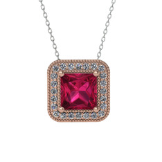 Esinti Kare Kolye - Rodolit garnet ve beyaz zirkon 18 ayar rose altın kolye (40 cm beyaz altın rolo zincir) #1vrdjvp