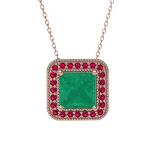 Esinti Kare Kolye - Kök zümrüt ve rodolit garnet 8 ayar rose altın kolye (40 cm rose altın rolo zincir) #1vw0ttk