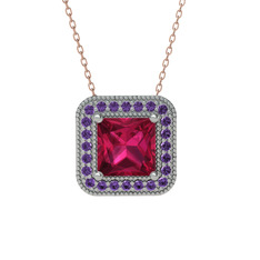 Esinti Kare Kolye - Rodolit garnet ve ametist 8 ayar beyaz altın kolye (40 cm rose altın rolo zincir) #1w0wx5j
