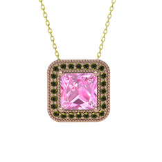 Esinti Kare Kolye - Pembe kuvars ve peridot 14 ayar rose altın kolye (40 cm altın rolo zincir) #1w5citt