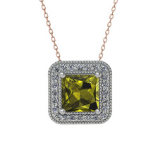 Peridot ve swarovski 18 ayar beyaz altın kolye (40 cm rose altın rolo zincir)