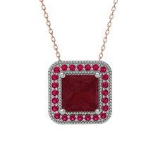 Esinti Kare Kolye - Kök yakut ve rodolit garnet 18 ayar beyaz altın kolye (40 cm rose altın rolo zincir) #1w8z49o