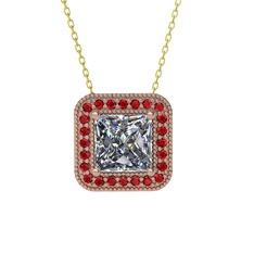 Esinti Kare Kolye - Beyaz zirkon ve garnet 14 ayar rose altın kolye (40 cm gümüş rolo zincir) #1w9v6p9