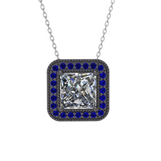 Esinti Kare Kolye - Swarovski ve lab safir 925 ayar siyah rodyum kaplama gümüş kolye (40 cm beyaz altın rolo zincir) #1wgybgk