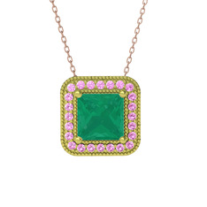 Esinti Kare Kolye - Kök zümrüt ve pembe kuvars 14 ayar altın kolye (40 cm rose altın rolo zincir) #1wk9rs2