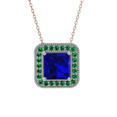 Lab safir ve yeşil kuvars 8 ayar beyaz altın kolye (40 cm gümüş rolo zincir)