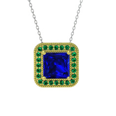 Esinti Kare Kolye - Lab safir ve yeşil kuvars 8 ayar altın kolye (40 cm beyaz altın rolo zincir) #1wt54kr