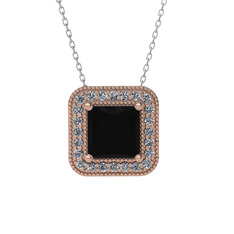 Esinti Kare Kolye - Siyah zirkon ve swarovski 8 ayar rose altın kolye (40 cm beyaz altın rolo zincir) #1x05f9h