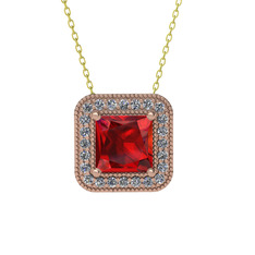 Esinti Kare Kolye - Garnet ve pırlanta 14 ayar rose altın kolye (0.264 karat, 40 cm altın rolo zincir) #1x5unkq