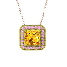 Sitrin ve pembe kuvars 14 ayar altın kolye (40 cm rose altın rolo zincir)