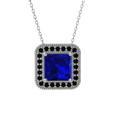 Esinti Kare Kolye - Lab safir ve siyah zirkon 18 ayar beyaz altın kolye (40 cm beyaz altın rolo zincir) #1xcjebs