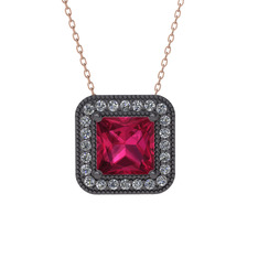 Rodolit garnet ve pırlanta 925 ayar siyah rodyum kaplama gümüş kolye (0.264 karat, 40 cm gümüş rolo zincir)