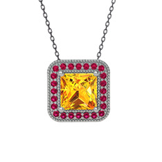 Esinti Kare Kolye - Sitrin ve rodolit garnet 925 ayar gümüş kolye (40 cm gümüş rolo zincir) #1xrdbno