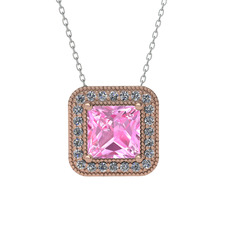 Esinti Kare Kolye - Pembe kuvars ve beyaz zirkon 18 ayar rose altın kolye (40 cm beyaz altın rolo zincir) #1xx3lsm