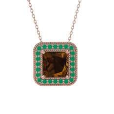 Esinti Kare Kolye - Dumanlı kuvars ve kök zümrüt 925 ayar rose altın kaplama gümüş kolye (40 cm rose altın rolo zincir) #1yc44n2