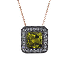 Esinti Kare Kolye - Peridot ve pırlanta 925 ayar siyah rodyum kaplama gümüş kolye (0.264 karat, 40 cm rose altın rolo zincir) #1yj4k7e