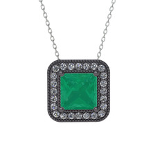 Esinti Kare Kolye - Kök zümrüt ve swarovski 925 ayar siyah rodyum kaplama gümüş kolye (40 cm beyaz altın rolo zincir) #1ymxx9i