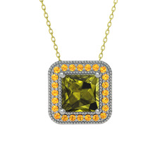 Peridot ve sitrin 18 ayar beyaz altın kolye (40 cm gümüş rolo zincir)