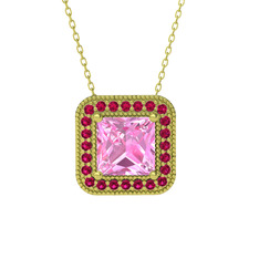 Pembe kuvars ve rodolit garnet 8 ayar altın kolye (40 cm altın rolo zincir)