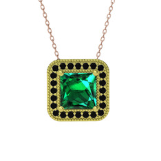 Esinti Kare Kolye - Yeşil kuvars ve siyah zirkon 18 ayar altın kolye (40 cm gümüş rolo zincir) #32cmu4
