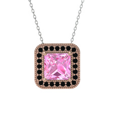 Esinti Kare Kolye - Pembe kuvars ve siyah zirkon 8 ayar rose altın kolye (40 cm beyaz altın rolo zincir) #34cpli