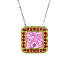 Esinti Kare Kolye - Pembe kuvars ve garnet 18 ayar altın kolye (40 cm beyaz altın rolo zincir) #37qisc