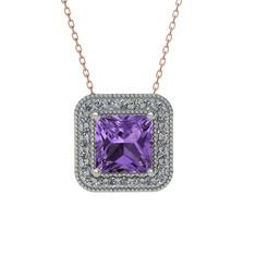 Esinti Kare Kolye - Ametist ve swarovski 8 ayar beyaz altın kolye (40 cm rose altın rolo zincir) #380qg3