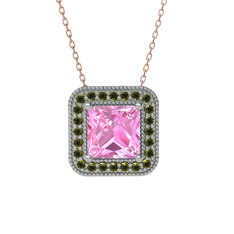 Esinti Kare Kolye - Pembe kuvars ve peridot 18 ayar beyaz altın kolye (40 cm gümüş rolo zincir) #3rfyzk
