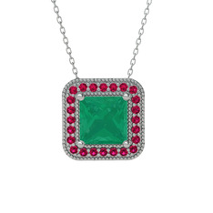 Kök zümrüt ve rodolit garnet 18 ayar beyaz altın kolye (40 cm beyaz altın rolo zincir)