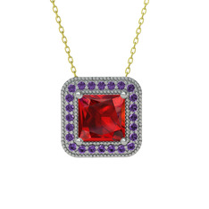 Esinti Kare Kolye - Garnet ve ametist 925 ayar gümüş kolye (40 cm gümüş rolo zincir) #3w0pvb