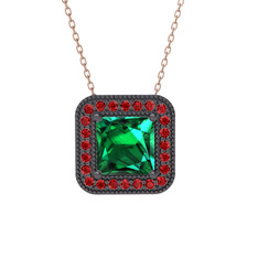 Esinti Kare Kolye - Yeşil kuvars ve garnet 925 ayar siyah rodyum kaplama gümüş kolye (40 cm rose altın rolo zincir) #41e1n5