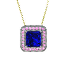 Lab safir ve pembe kuvars 18 ayar beyaz altın kolye (40 cm gümüş rolo zincir)